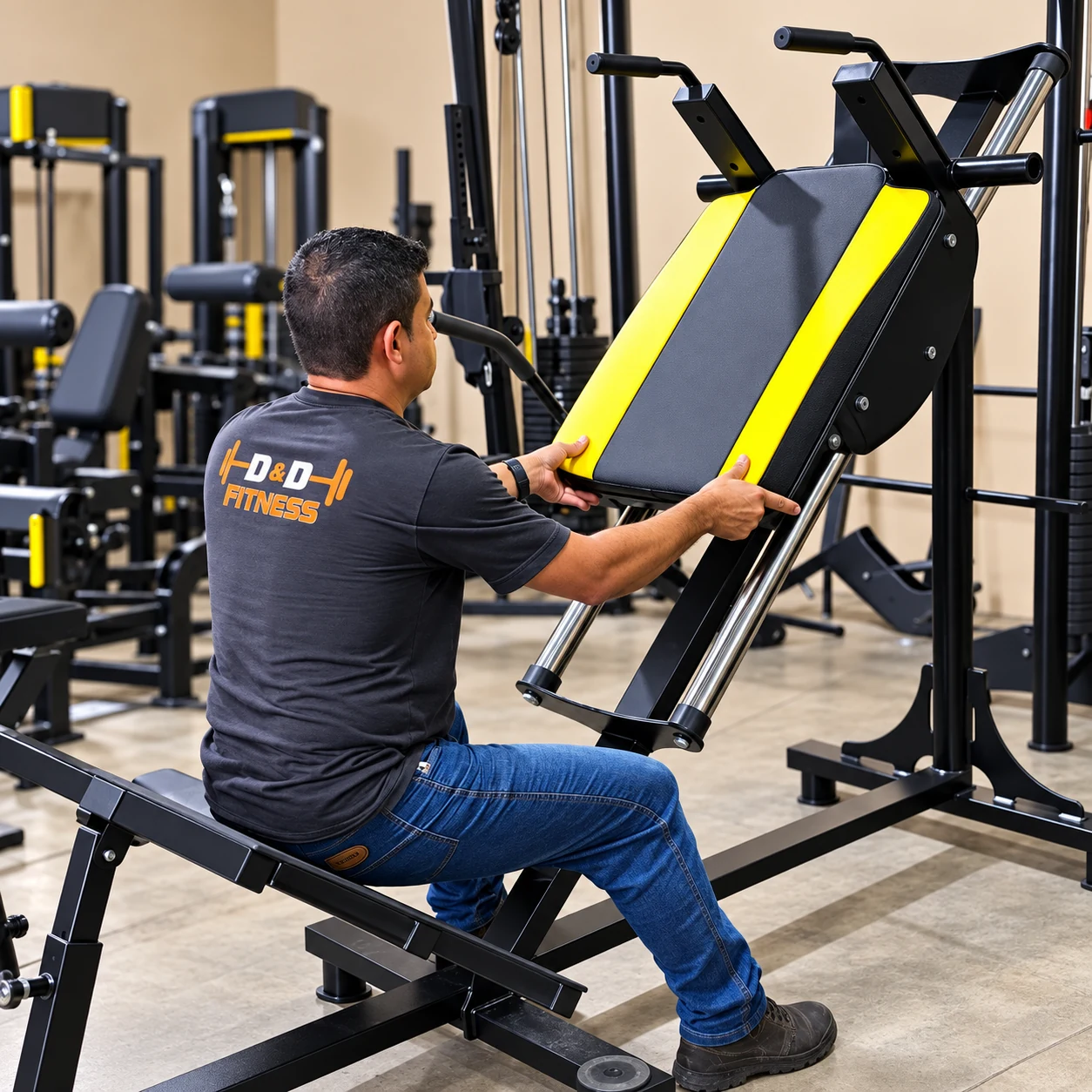 Profissional realizando ajuste em equipamento de academia
